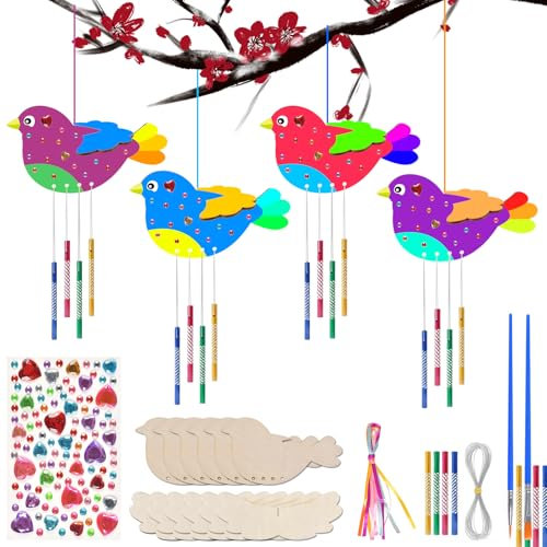 Funmo 6 Stück 3D Vogel Windspiel Bastelset Kinder Basteln Holz Frühling Glockenspiel Bastelhandwerk Kreativsets Klangspiele für Frühling Geburtstag Weihnachten Geschenk