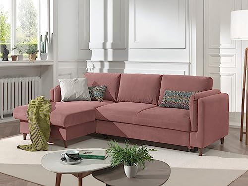 Lisa Design - Canapé d'angle Convertible avec Coffre - Angle Gauche - Brooke en Velours - Canapé Lit - Sofa Rose 4 Places - Salon