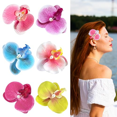 XCSJ 6 Pcs Hawaii Bunte Haarspangen Damen Orchideen Haarspangen Sommer Hawaii Haarspangen Blumen Haarspange Haarclip Brosche Haarschmuck für Mädchen, Frauen, Hochzeit, Strand, Sommer, Mehrfarbige (A)
