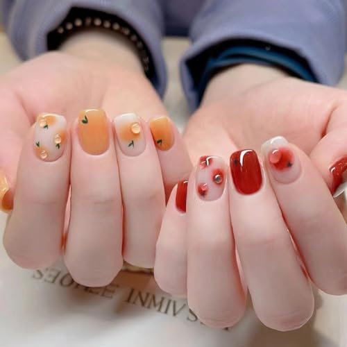 Ceboic 24 Pièces Faux Ongles Courts Carré Rouge & Orange Français Press on Nails avec Coeurs Dessin Couverture Complète Artificiels Ongles Square Faux Ongles à Coller pour Femmes et Filles