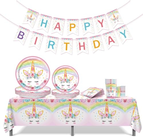 Unicornio Platos y Vasos Para Cumpleaños, 112 Piezas Unicornio Vajilla Cumpleaños Platos Papel y Vasos, Servilletas, Mantel Cumpleaños, Platos Desechable Para Decoracion Fiesta Cumpleaños Infantil