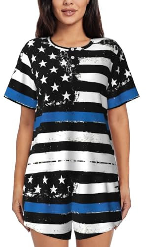 EdWal Damen-Pyjama-Set, Retro-Stil, dünne Linie, USA-Flagge, Loungewear, weich, Loungewear, kurzärmelig, Pyjama und Shorts, Schwarz , 48