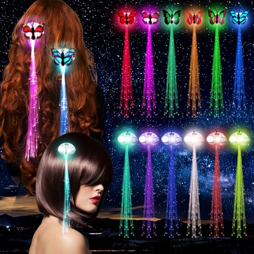 Bowasin 12 stück LED Blinkendes Haargeflecht,LED-Haarschmuck,Mitgebsel Kindergeburtstag,Haarsträhnen Bunte Einklipsen,Schmetterling Haarklammer für Led Haarreif Neon Party Geschenke in the Dark