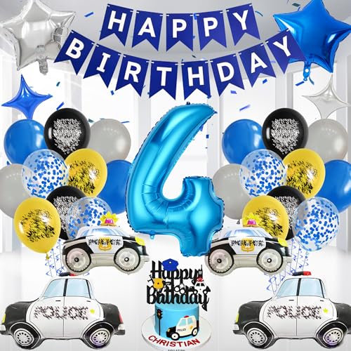 Polizei 4. Geburtstag Deko Junge - 59 Stück Polizei Dekoration Kindergeburtstag Set mit Happy Birthday Girlande, Polizeiauto Luftballons, Tortendeko, Polizei Thema Geburtstagsdeko für 4 Jahre