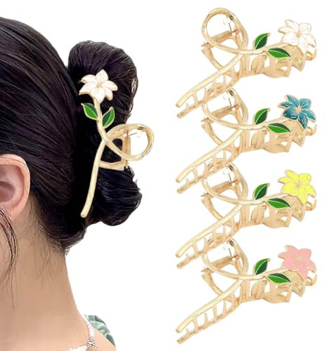 4 Stück Blumen Metall Haarklammer, Große Haarspangen für Dickes Haar, Haarkralle Hair Claw, Rutschfestes Haar Jaw Clips Haarstyling, Haarklammer Groß, Hair Clip für Frauen Mädchen