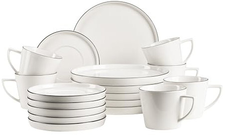 MÄSER, Serie Sita, set di piatti per 6 persone, stoviglie in porcellana bianca con bordo nero, semplice, elgeant, porcellana, bianco