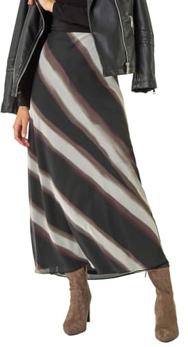 Roman Originals Jersey Skirt for Women UK - Ladies Midi Maxi Floral Animal Print Autumn Winter Swing Smart Casual Work Office Cocktail Party Going Out Evening Holiday Cruise - Black Grey - Size 14