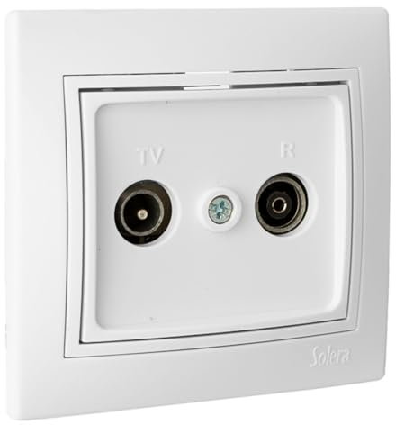Toma intermedia blanca para TV y radio, serie Europa, con solera, ideal para instalaciones eléctricas en hogar y oficina.