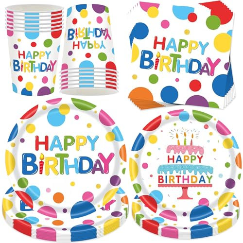 YeahBoom 50 Stück Partygeschirr Set,Bunt Polka Dot Design Pappteller KindergeburtstagThema Partygeschirr Set,Mit Teller Becher Servietten,Kindergeburtstag Mädchen Junge für 10 Gäste