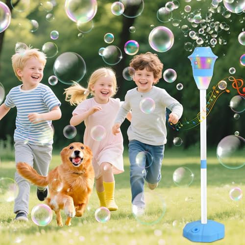 Seifenblasenmaschine Automatisch, Elektronische Seifenblasenmaschine mit Lichtern und Musik, 3 HöHen Verstellbar, Wiederaufladbarkeit, Vertikale Seifenblasenmaschine für Partys, Hochzeiten, Kinders