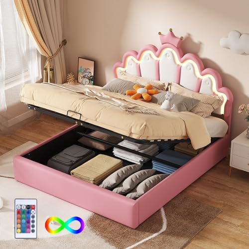 Zepneiy Lit Enfant avec éclairage d'ambiance réglable,Lit Coffre 140x200 avec lit Princesse en Forme Couronne, sommier à Lattes et Dossier Cadre de, Fabriqué PU Rose (sans Matelas)