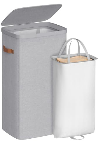 SONGMICS Laundry Basket, 100 L Laundry Hamper, with Lid and Handles, Removable Liner, Easy Assembly, 42 x 32 x 75 cm, Dove Grey LCB811GD01
