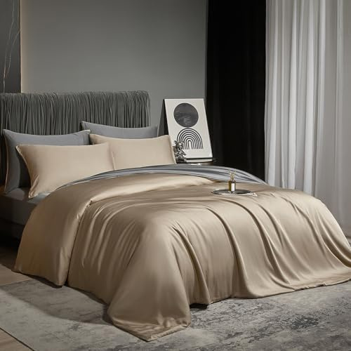 DXHOME Kühlende Bettwäsche 220x240cm Bambus Wende Sommerbettwäsche Braun Taupe Khaki Dunkelgrau Uni Bambusfaser Luxus Lyocell Kühle Bettbezug mit Reißverschluss und 2 Kissenbezüge 80x80cm