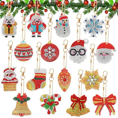 Juyibaao Kit para Pintura con Diamante de Navidad, 16 Piezas Llaveros y Colgantes Acrílicos Doble Cara con Strass, DIY Manualidades, Adornos para Árbol e Idea de Regalo