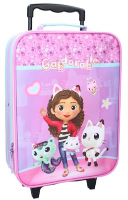 mybagstory - Gabby's Dollhouse - Valigia trolley per bambini, 42 cm | Bagaglio a mano leggero con ruote e rosa e viola.