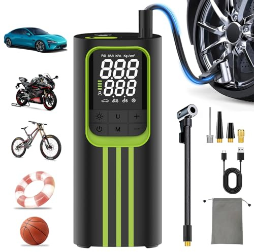 Compresor Aire Portatil, Inflador Ruedas Coche 150 PSI Inalámbrico | Batería Recargable con Pantalla Digital y Luz LED, para Coche, Moto, Bicicleta y Pelotas