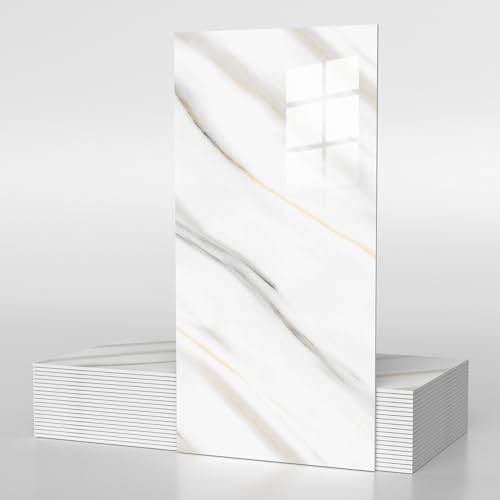 Vieshful 10 Pack 30 x 60 cm Self Adhesive Wall Tiles, Waterproof Back Splash Marble Stick on Tile Kitchen Bathroom, TV Walls, Living Room Gray White (Not Real Tiles)