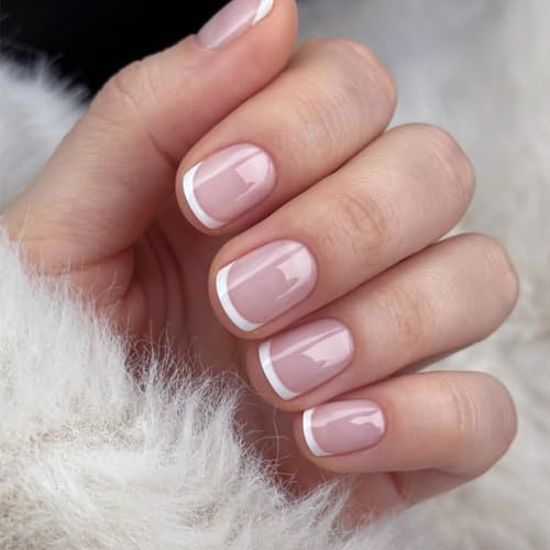 24 Pcs Square French Tip Press-On Nails - Classic French False Nails Short - Full Cover White Tip Nude Stick On Nails with Glue - Fake Nails Acrylic Nail Extensions for Women and Girls Nail Art DIY