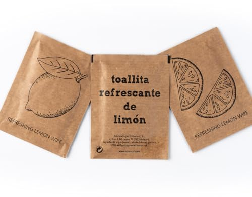 Limoncol Toallitas Refrescantes Aroma Limón, Sobres Individuales con Papel Kraft, Ayudan a Eliminar Olores de Comida, Suavidad e Hidratación de la Piel, Caja 100 Unidades