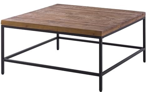home24 Couchtisch Massivholz Braun | Quadratisch, dunkle Pinie & schwarzes Metallgestell, Altholz lackiert, massives Unikat, Industrial-Design, 90x90x45 cm