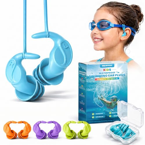 Kids Swim Ear Plugs - 4 Pairs Waterproof Silicone Earplugs for Children 5-14 Years with Detachable Cord, 2 Wearing Styles, Attaches to Goggles, Reusable Ear Protection for Pool, Swimming Lessons