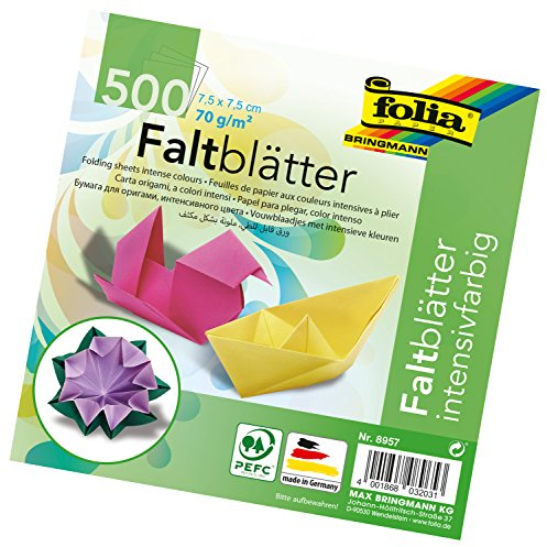 folia 8957 - Faltblätter 7,5 x 7,5 cm, 70 g/qm, 500 Blatt sortiert in 10 intensiven Farben - ideal zum Papierfalten und für andere kreative Bastelarbeiten