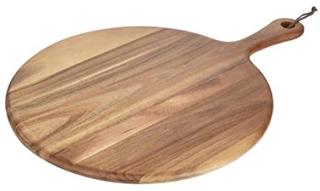 Olympia Planche en acacia ronde 355 mm, bois d'acacia, planche à découper à pizza, planche de service en bois de pizza rustique, étiquette suspendue en cuir, usage professionnel et domestique, GM262