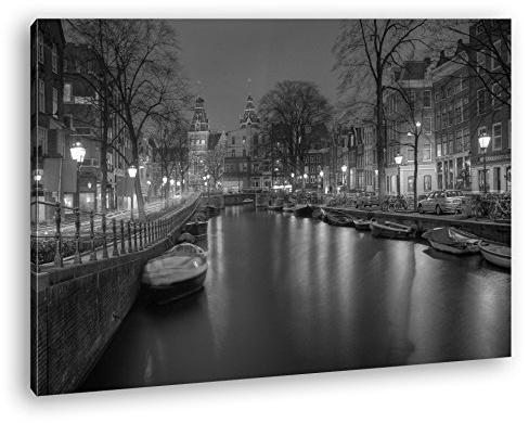 Leinwandbild Kanal in Amsterdam bei Nacht, romantisch und still Format: 60x40 cm Effekt: Schwarz&Weiß XXL Kunstdruck Bild auf Keilrahmen/Wandbild/Wohnzimmer Deko