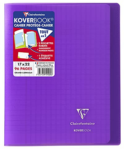 Clairefontaine 951405C - Schulheft / Kladde Koverbook 17x22 cm, 48 Blatt 90g, französische Lineatur, Einband aus transparentem Polypropylen, 2 Klarsichthüllen, robust, geheftet, Violett, 1 Stück