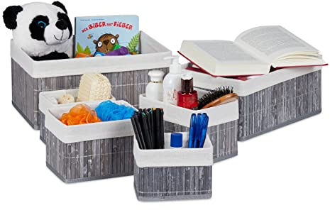 Relaxdays 10024309_111 Corbeille de rangement en tissu, Set de 6 paniers en bambou, déco étagère organiseur, gris, coton, fond MDF, 25 x 35 x 17 cm