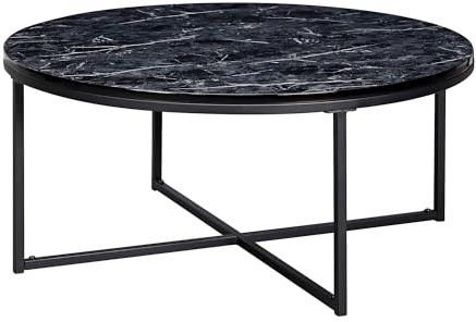 Wohnling Couchtisch Rund 80x80x36 cm Schwarz Marmor-Optik Metallgestell | Wohnzimmertisch mit überkreuzten Beinen, Sofatisch modern, Kaffeetisch pflegeleicht, Platz für Deko und Fernbedienung