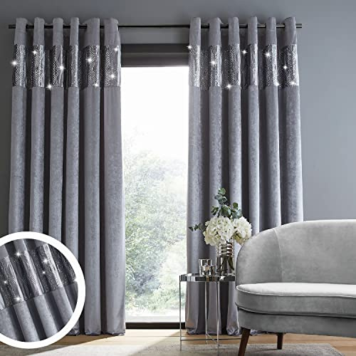 Catherine Lansfield Glamour Vorhänge mit Ösen, Pannesamt, Pailletten, 228 x 228 cm, DS/55287/W/E9090/GY, Grau