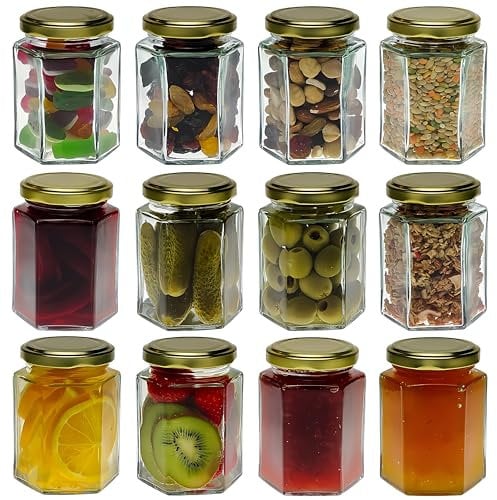 COS Lot de 12 bocaux à confiture hexagonaux en verre avec couvercles dorés 190 ml