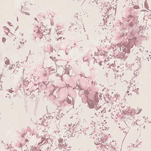 Papier peint vintage beige et rose pâle | Tapisserie fleurie romantique pour chambre adulte | Papier peint fleur de cerisier intissé