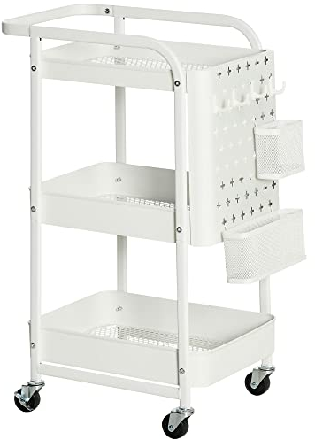 HOMCOM Carrito de Cocina de Acero con Ruedas Carro de Almacenamiento de 3 Niveles 4 Ganchos Marco de Acero 2 Cestas Colgantes y Asa para Baño Salón Dormitorio 51,5x32x75,6 cm Blanco