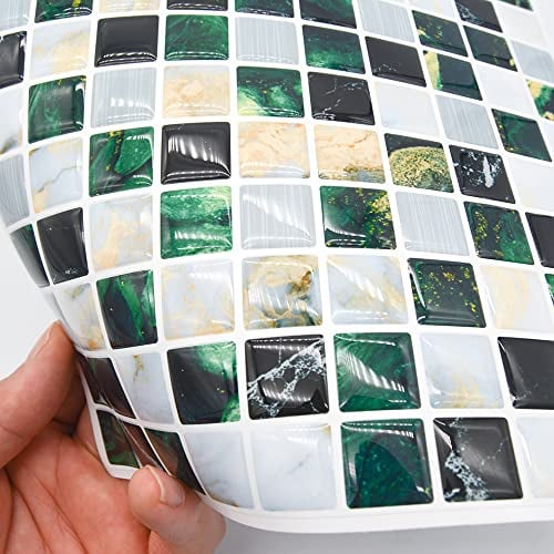 Hiseng 3D Mosaik Fliesenaufkleber, Küche Wasserdicht Stickerfliesen Marmor Deko Selbstklebende Fliesenfolie für Badezimmer Wohnzimmer, 20x20cm (Grün,10Stück)