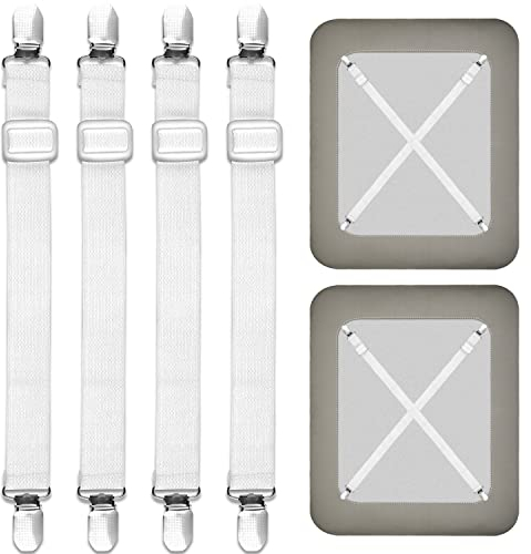 Funklu Bettlakenspanner Verstellbar, 4 Stück Lakenspanner für Faltenfreie Bettlaken, Elastische Betttuch Spanner mit Metallclip, für Bettlaken, Matratze, Bügelbrett Oder Sofa