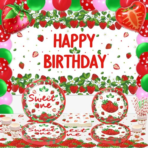 161 Pack Décorations D'anniversaire à La Fraise Fournitures de Fête Pour Le Premier Anniversaire Des Baies Set de Table Pour Les Fruits Assiettes, Nappes, Toile de Fond, Ballons Pour 20 Personnes