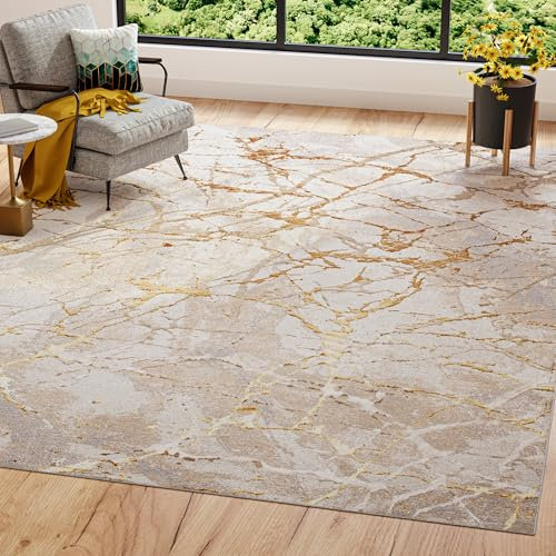 TAPISO Golden Teppich Wohnzimmer Kurzflor Schlafzimmer Luxuriös Creme Gold Abstrakt Linien Meliert Verwischt Modern Design ÖKOTEX 140 x 200 cm