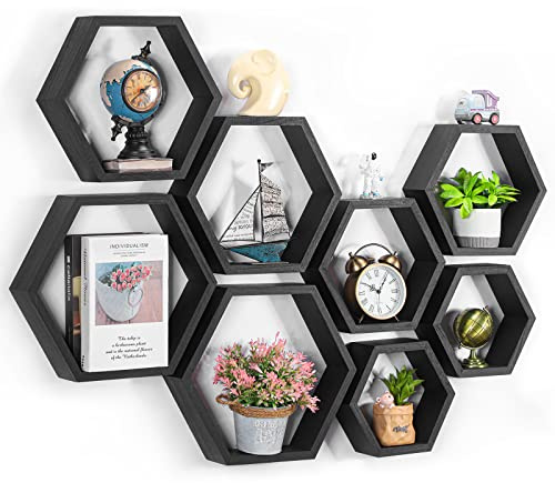 CADUKE Sechseckige Regale für die Wand Sechseckige Schweberegale Set von 8 Wabenholzregalen für Wanddekoration, Hängende Pflanzenregal für Wohnzimmer Aufbewahrung Sechseckige Regale für Schlafzimmer