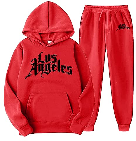 QWUVEDS Männer und Frauen Herbst und Winter Mode lässig Brief gedruckt Pullover Hosen Sportanzug Fußball Jogginganzug Herren Baumwolle Traningsanzuganzug Sweatshirt Herren Mit Kapuze (Red, XL)