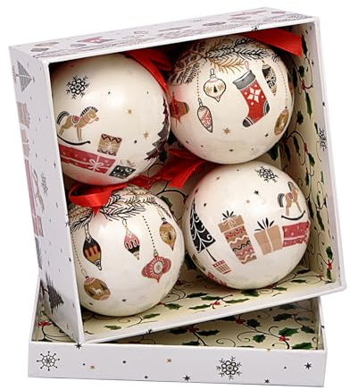 Ciao- Set 4 sfere decoupage ornamentali Happy Holidays (Ø7,5cm) con nastro in tessuto per albero di Natale in giftbox