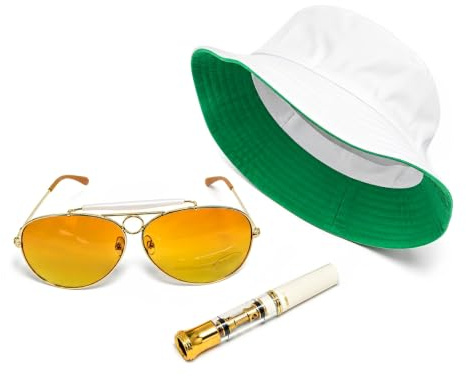 Fear & Loathing Las Vegas Hut, orangefarbene bernsteinfarbene Sonnenbrille und Zigarettenfilterhalter mit goldfarbener Spitze – Embrace the Madness!