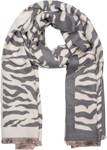 styleBREAKER Damen Schal mit Zebra Animal Print Muster, warmer Tierprint Schal mit Fransen, Reversible Style 01017158, Farbe:Creme-Grau
