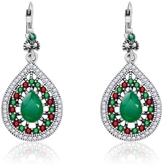 AILUOR Vintage Runde blaue Saphir Sonnenblumen baumeln Ohrringe, Frauen einzigartige Retro bunte ethnische böhmische Ohrringe Schmuck für Frauen (Wassertropfen Grün)