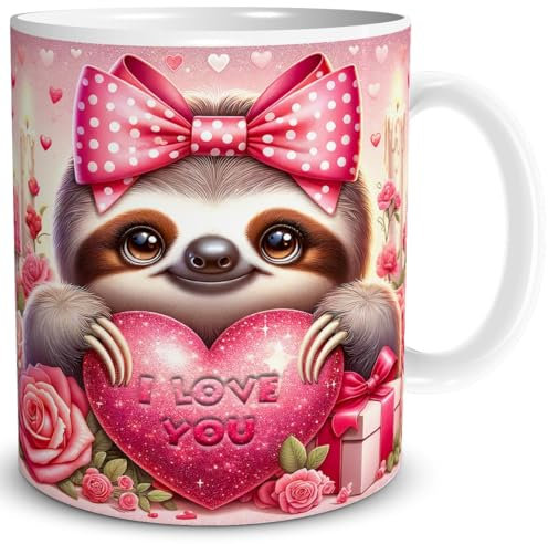 TRIOSK Tasse Valentinstag Faultier mit Herz I Love You Spruch Ich liebe Dich Geschenk Tierliebe für Sie Frauen Freundin Faultierliebhaber, Keramik 300ml