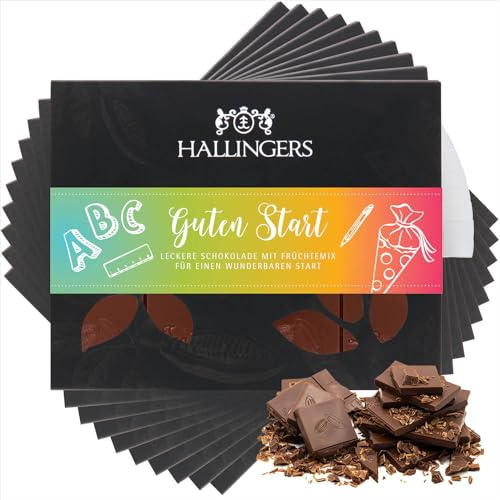 Hallingers Genuss Manufaktur Schokolade Glückwunsch-Geschenk - Tafel Edelkakao handgeschöpft ohne Alkohol edler Karton 10x Guten Start Mango-Vanille, Geschenkidee für Frauen Männer