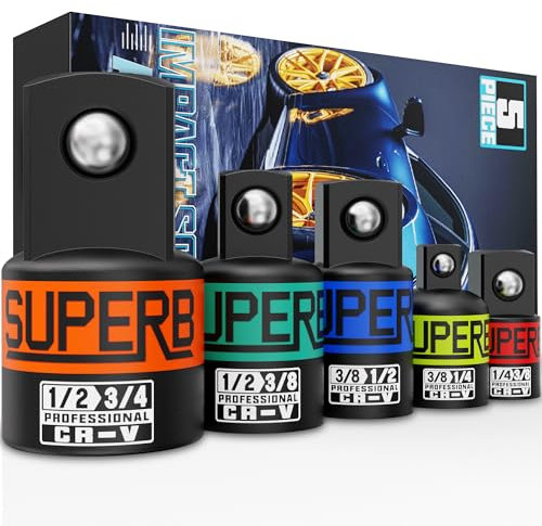 KIRXST 5 pezzi Adattatore Bussola, Set di Adattatori Chiave Cricchetto, Adattatore per Bussola di Impatto 1/4 a 3/8, 3/8 a 1/4, 3/8 a 1/2, 1/2 a 3/8, 1/2 a 3/4 per Chiavi a Cricchetto