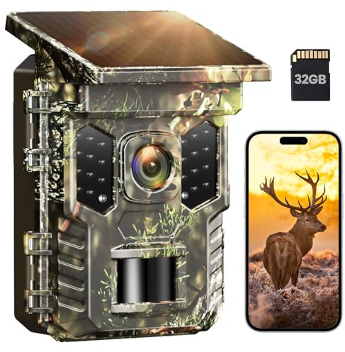 XTU Camera de Chasse Connectée Telephone Solaire 2,7K 32MP avec 32GB SD, Camera Infrarouge Vision Nocturne Animaux Caméra Piege Photographique Étanche IP66,Camera Suiveuse Exterieur