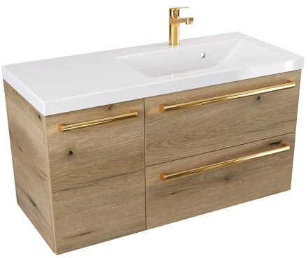 Furni Hängeschrank mit Waschbecken ATHD 90 cm D Rechts - Eiche Evoke Coast Matt - Polierte Goldgriffe